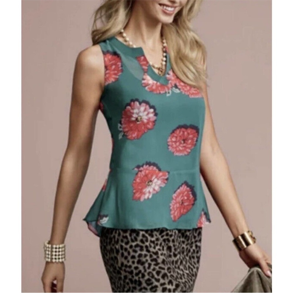 Cabi Blushing Floral Blouse Size M Green Pink Layered Sleeveless Style 3445 EUC